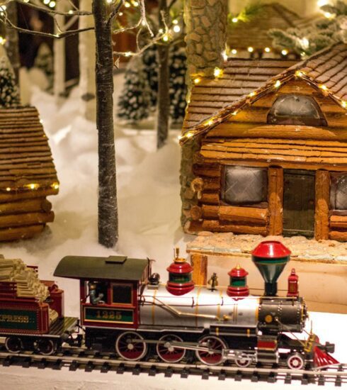 multicolored train toy near house