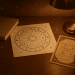 Astrology chart, notebook and personality cards arranged on a warm desk