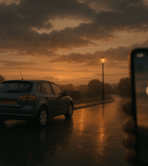 Driver checking weather before setting off in poor weather conditions