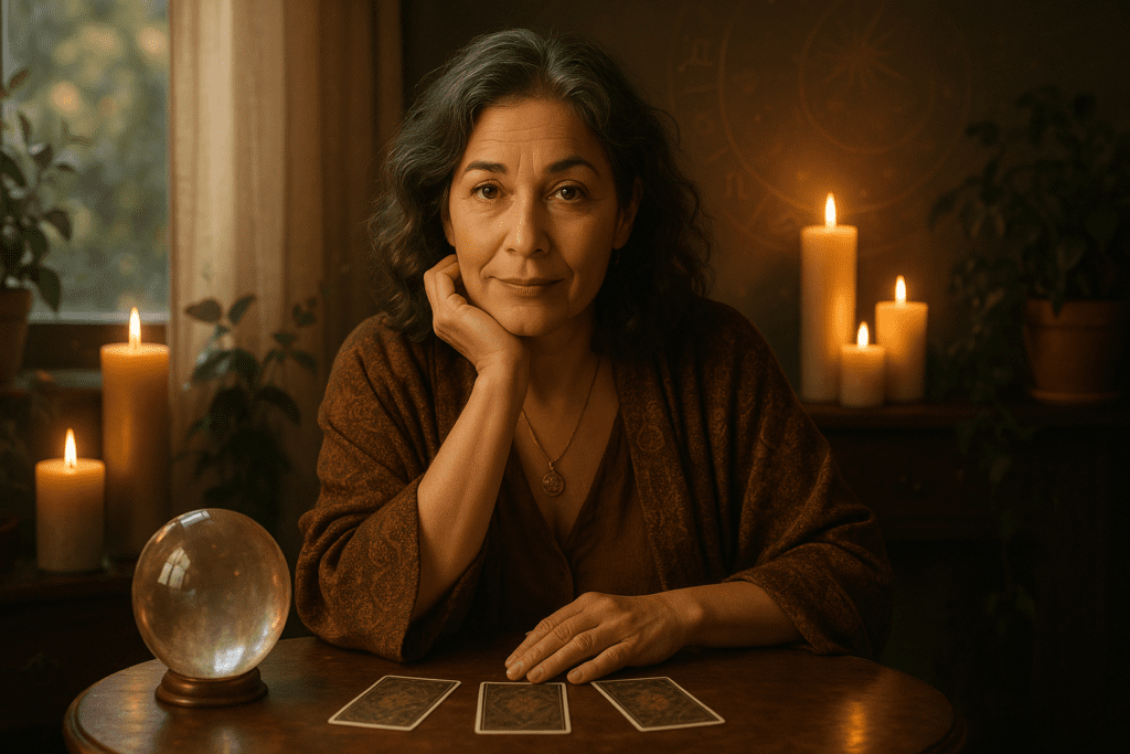 A calm spiritual reading space with candles, cards and a notebook for clairvoyant readings