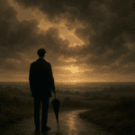 A person standing calmly in the rain, symbolising boundaries and stepping back from chaos
