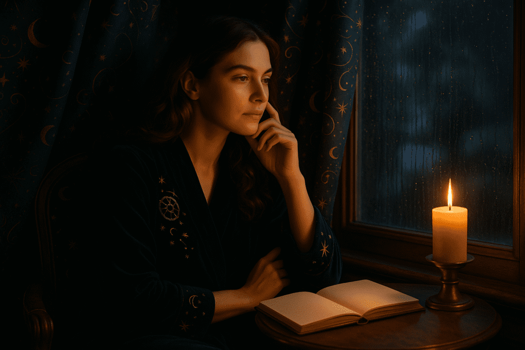 A calm person journalling beside a rainy window with a cup of tea