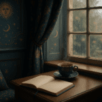 A calm person journalling beside a rainy window with a cup of tea