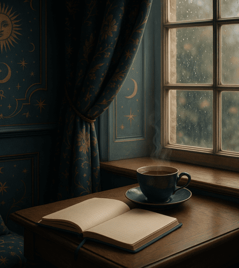 A calm person journalling beside a rainy window with a cup of tea