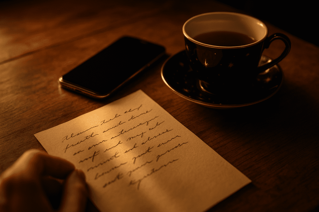 Person pausing before sending an emotional text at dusk beside a notebook and cup of tea