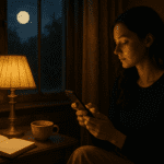 Person pausing before sending an emotional text at dusk beside a notebook and cup of tea
