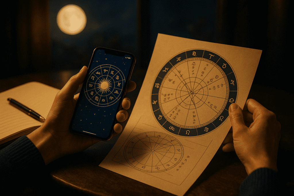 Hands comparing a horoscope app with a printed birth chart beside a notebook and tea