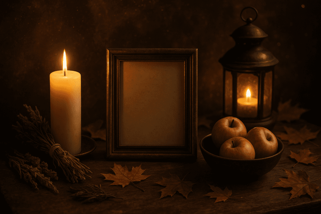 Autumn altar with candle, leaves and tarot card symbolising Halloween, Samhain and the thinning veil.