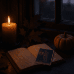 Autumn altar with candle, leaves and tarot card symbolising Halloween, Samhain and the thinning veil.
