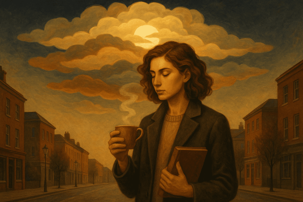 Thoughtful person by a window under a shifting sky, representing changing inner weather and balanced reflection