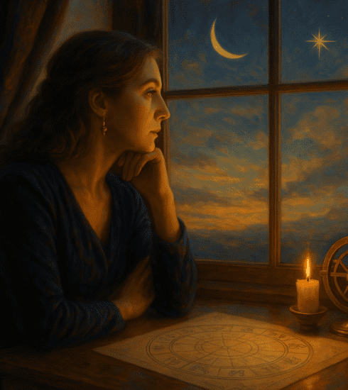 Thoughtful person by a window under a shifting sky, representing changing inner weather and balanced reflection