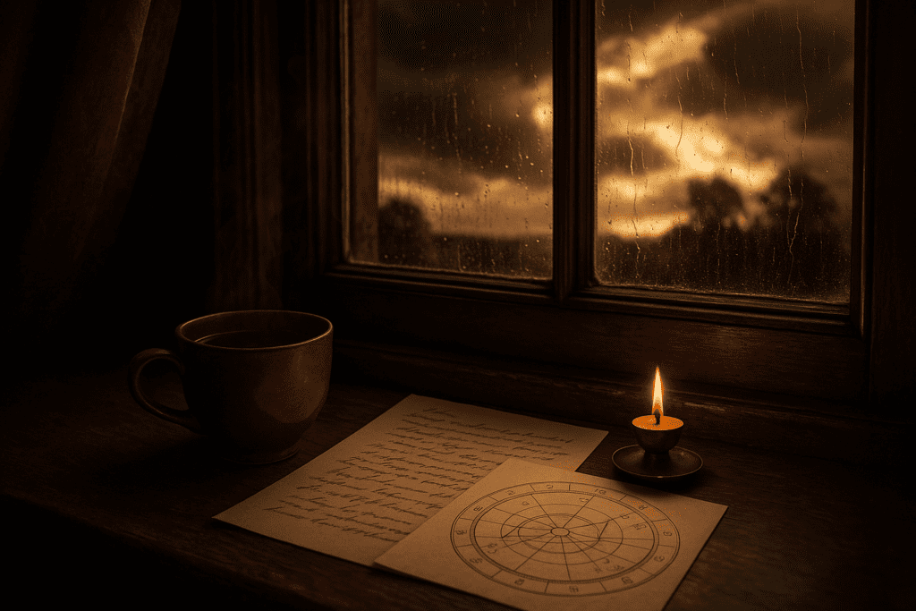 A thoughtful person by a window with an astrological chart overlay, suggesting emotional weather and modern astrology