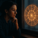A thoughtful person by a window with an astrological chart overlay, suggesting emotional weather and modern astrology