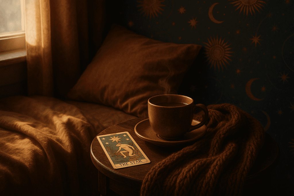Cosy scene symbolising an emotionally stormy day with tea, notebook and rain on the window