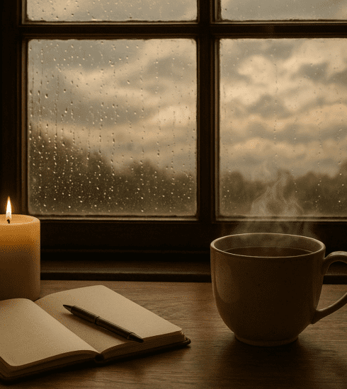 Cosy scene symbolising an emotionally stormy day with tea, notebook and rain on the window