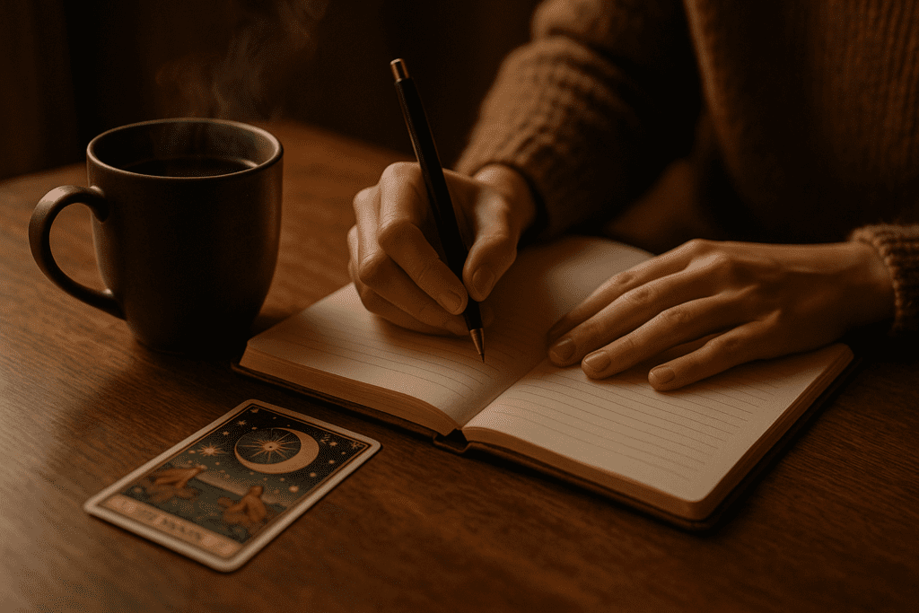 A person journalling by a window on a calm overcast day with tea and soft light, reflecting on their emotions before speaking.