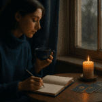 A person journalling by a window on a calm overcast day with tea and soft light, reflecting on their emotions before speaking.