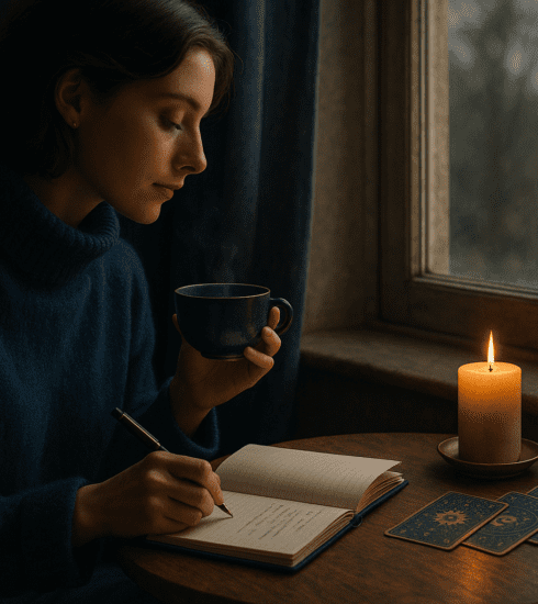 A person journalling by a window on a calm overcast day with tea and soft light, reflecting on their emotions before speaking.