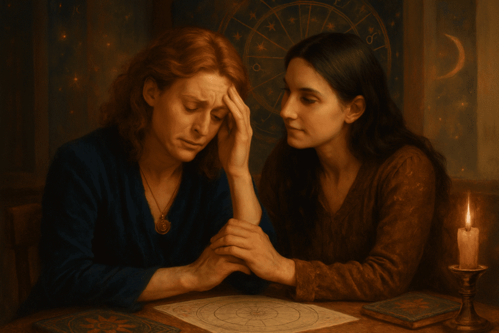 Two people in a calm conversation, one visibly tense and the other responding with gentle understanding