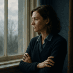 Two people in a calm conversation, one visibly tense and the other responding with gentle understanding
