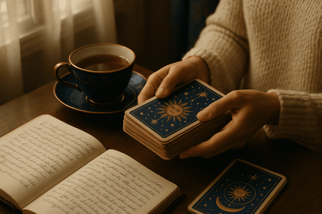 A calm intuitive reading scene with tarot cards, a notebook and soft candlelight