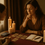 A calm intuitive reading scene with tarot cards, a notebook and soft candlelight