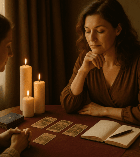 A calm intuitive reading scene with tarot cards, a notebook and soft candlelight