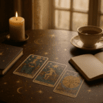 A calm psychic reading scene with tarot cards, notebook and candle in soft natural light