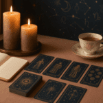 Calm love psychic reading scene with tarot cards, notebook and soft candlelight