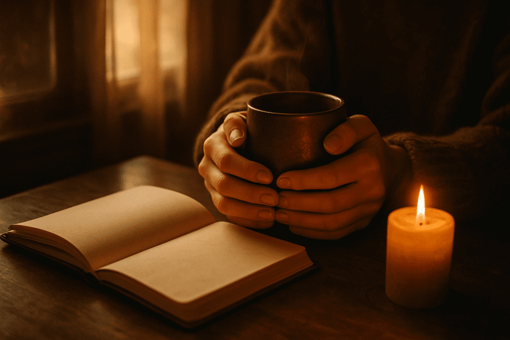 A quiet, comforting scene with a warm mug, journal and soft light suggesting calm after chaos
