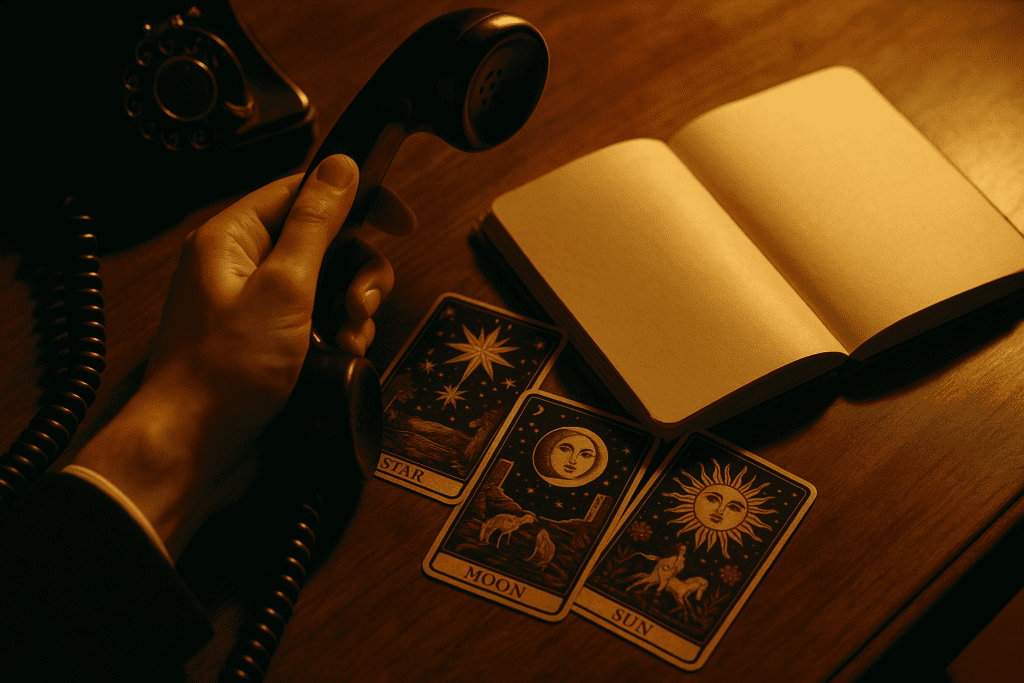 A calm tarot and telephone reading setup suggesting psychic readings by phone in the UK