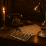 A calm tarot and telephone reading setup suggesting psychic readings by phone in the UK