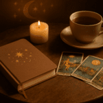 A calm spiritual desk scene with a journal, tarot cards, candle and tea for reflection on a manifestation block
