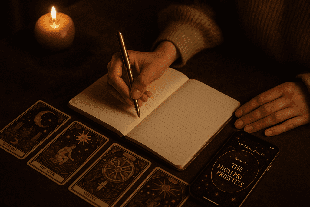 Warm editorial scene with tarot cards, a notebook and a teacup suggesting a relationship pattern quiz