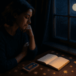 A calm spiritual scene with a journal, tarot cards and candle for shadow self reflection