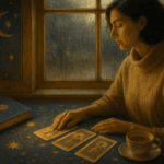 A calm spiritual reading scene with tarot cards, a journal and soft rain outside the window