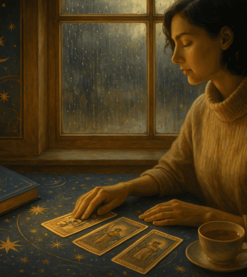 A calm spiritual reading scene with tarot cards, a journal and soft rain outside the window