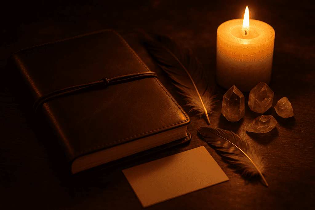A calm spiritual reading scene with candlelight, journal and symbolic objects