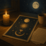 A calm spiritual reading scene with candlelight, journal and symbolic objects