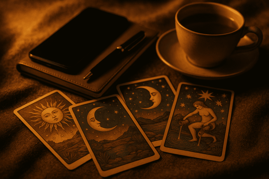 Tarot cards beside a phone and notebook in a calm, private reading setting