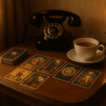 Tarot cards beside a phone and notebook in a calm, private reading setting