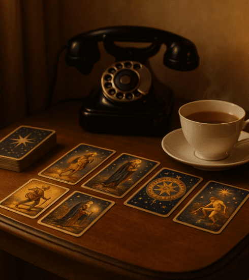 Tarot cards beside a phone and notebook in a calm, private reading setting