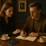 Two people discussing options with a notebook and tea, representing the difference between being guided and being told