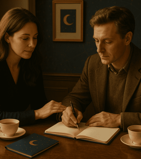 Two people discussing options with a notebook and tea, representing the difference between being guided and being told