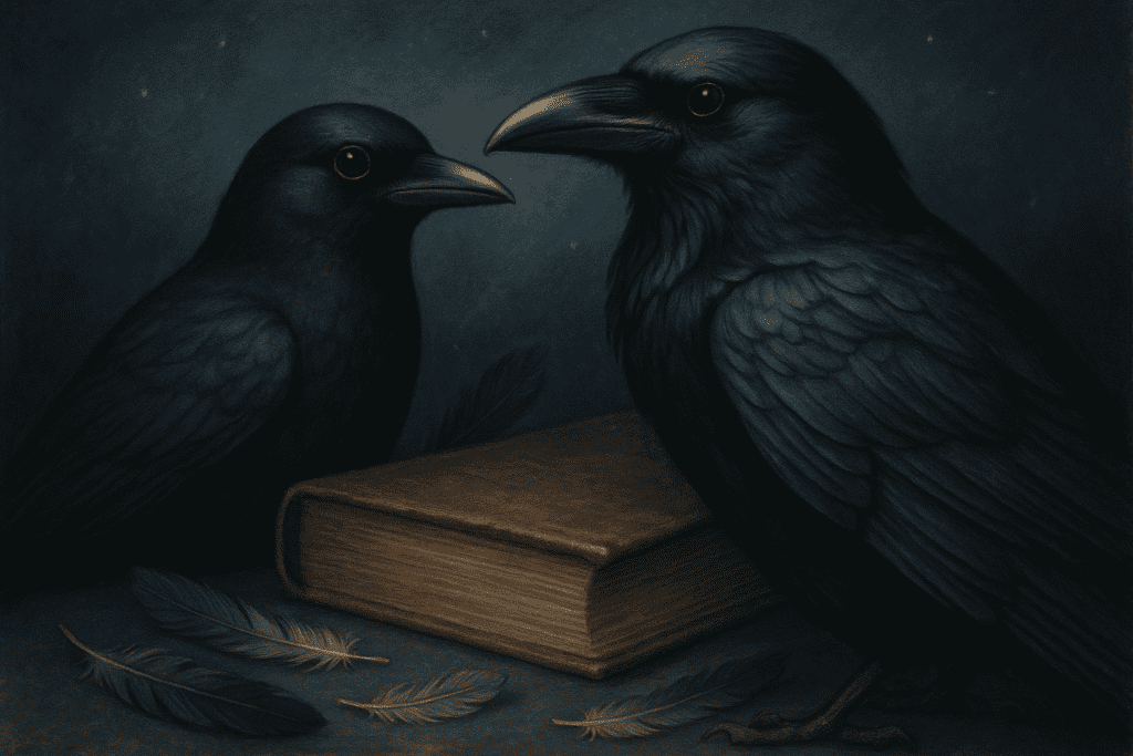 A crow and a raven perched in a misty woodland at dawn, illustrating the folklore of crows and ravens