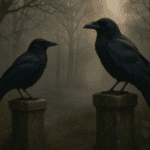 A crow and a raven perched in a misty woodland at dawn, illustrating the folklore of crows and ravens