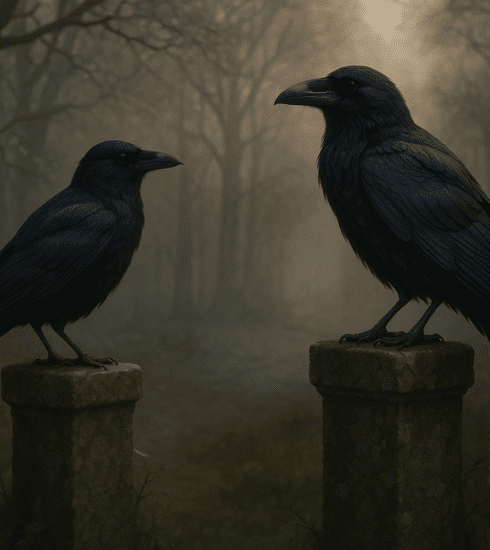 A crow and a raven perched in a misty woodland at dawn, illustrating the folklore of crows and ravens