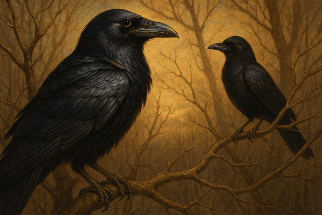 A crow and a raven perched on bare branches in a misty landscape