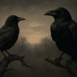 A crow and a raven perched on bare branches in a misty landscape
