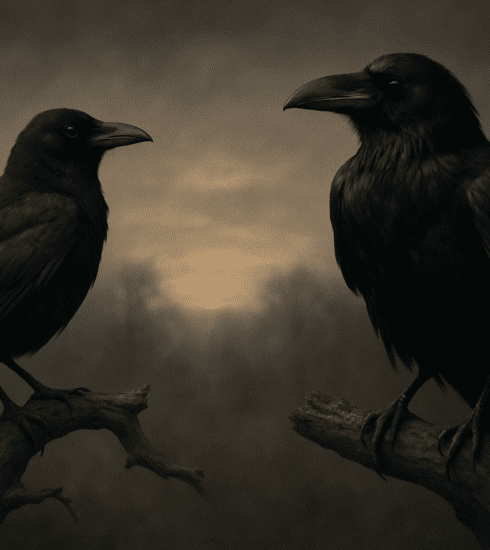 A crow and a raven perched on bare branches in a misty landscape